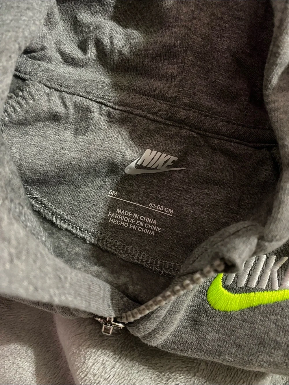 Nike Kids Gray Hooded One-Piece with Neon Yellow Logo Size 6M